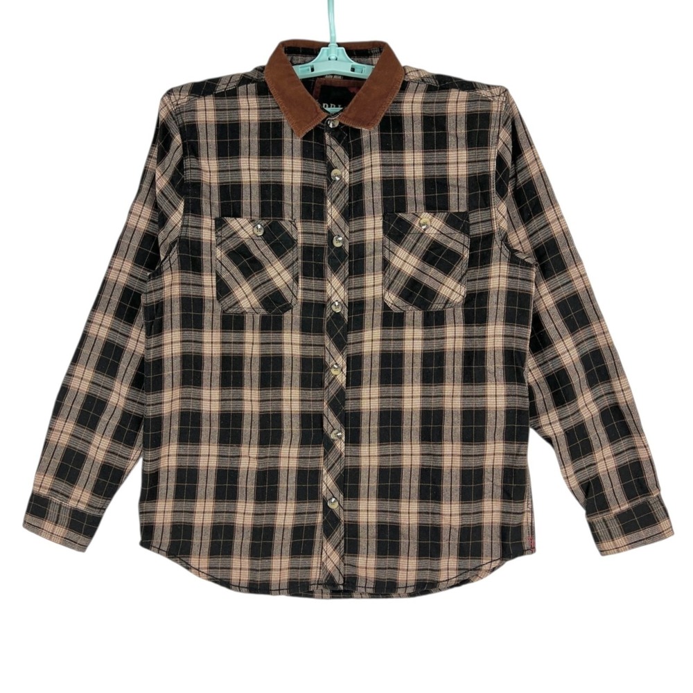 DRL Essentials Men's Plaid Button-Up Shirt Sz XL Corduroy Collar & Elbow Patches